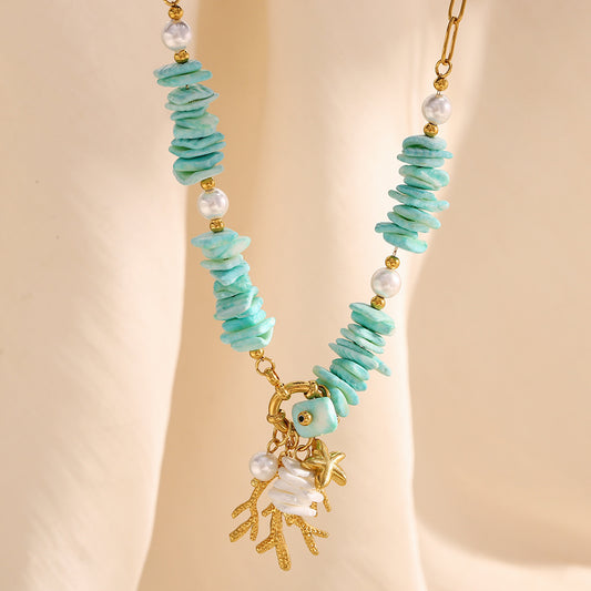 Collar con colgante de acero inoxidable chapado en oro de 18 quilates con forma de estrella de mar de estilo vintage para mujer