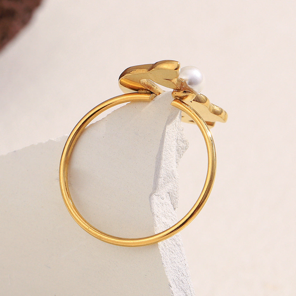 Minimalist Geometric Stainless Steel Ring with 18K Gold Plating and Pearl-Like Accents for Women