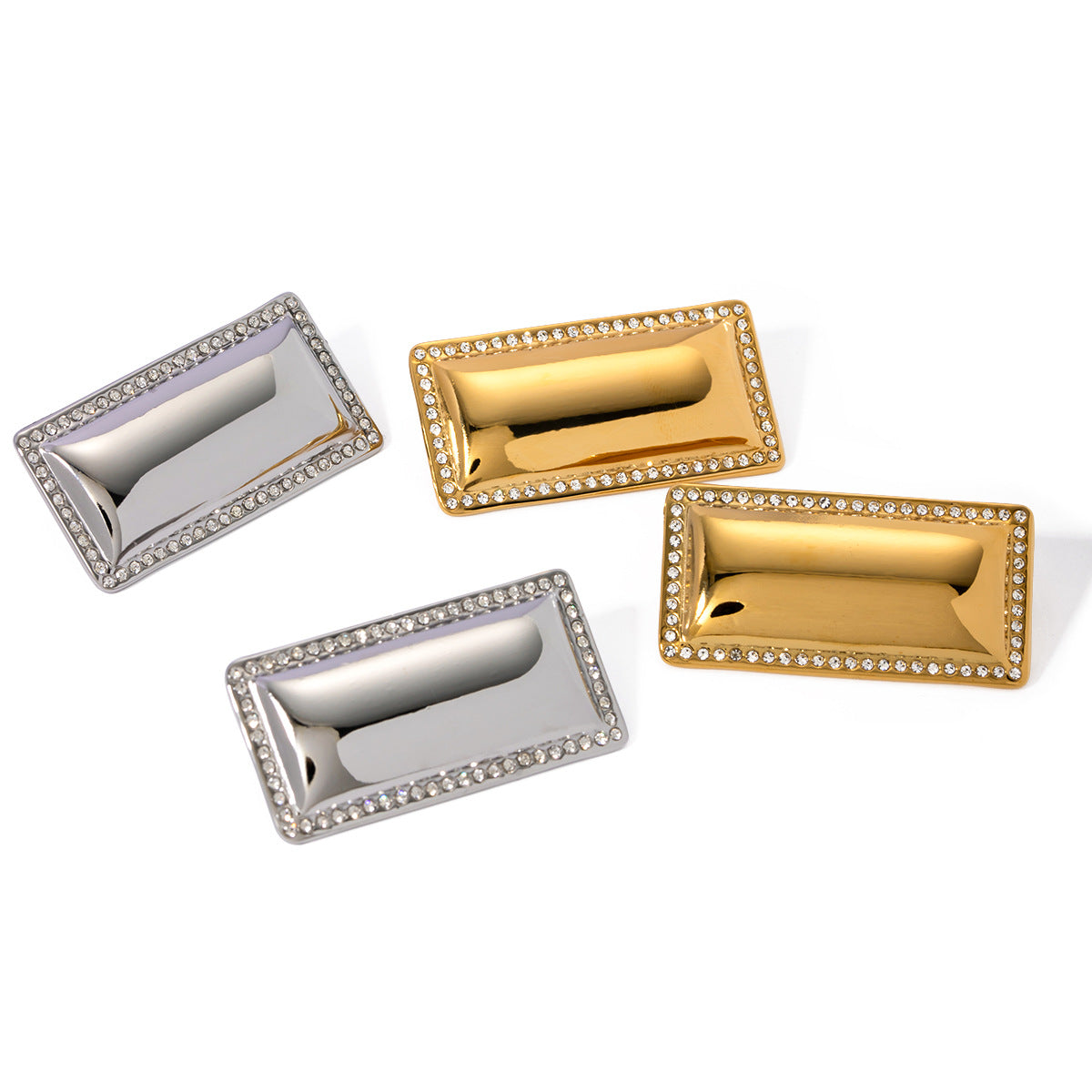 Trendy Geometric Rectangular Hoop Earrings 18K Gold Plated Stainless Steel with Rhinestone Inlay for Women