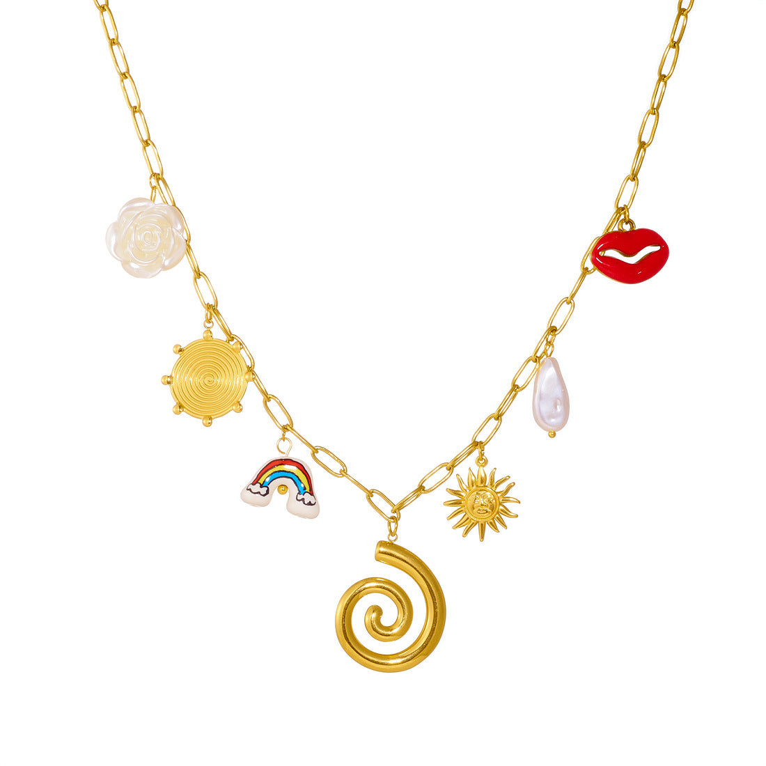 Elegant Geometric Rainbow Ceramic Flower Lips Sun Drip Oil Stainless Steel Necklace with Curb Chain