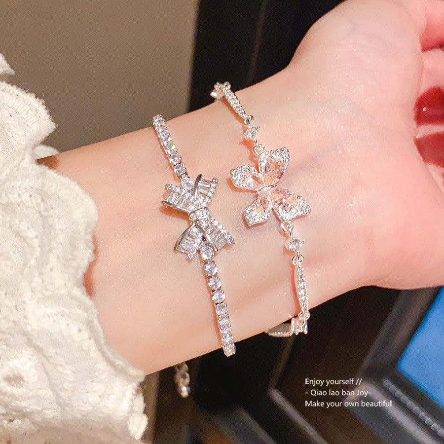Vintage Sweet Butterfly Brass Bracelet with Cubic Zirconia Inlay for Women