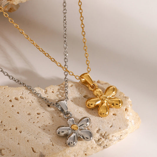 Floral Shape Stainless Steel Pendant Necklace with Titanium Steel Charm and Plated Finish Snake Chain for Women
