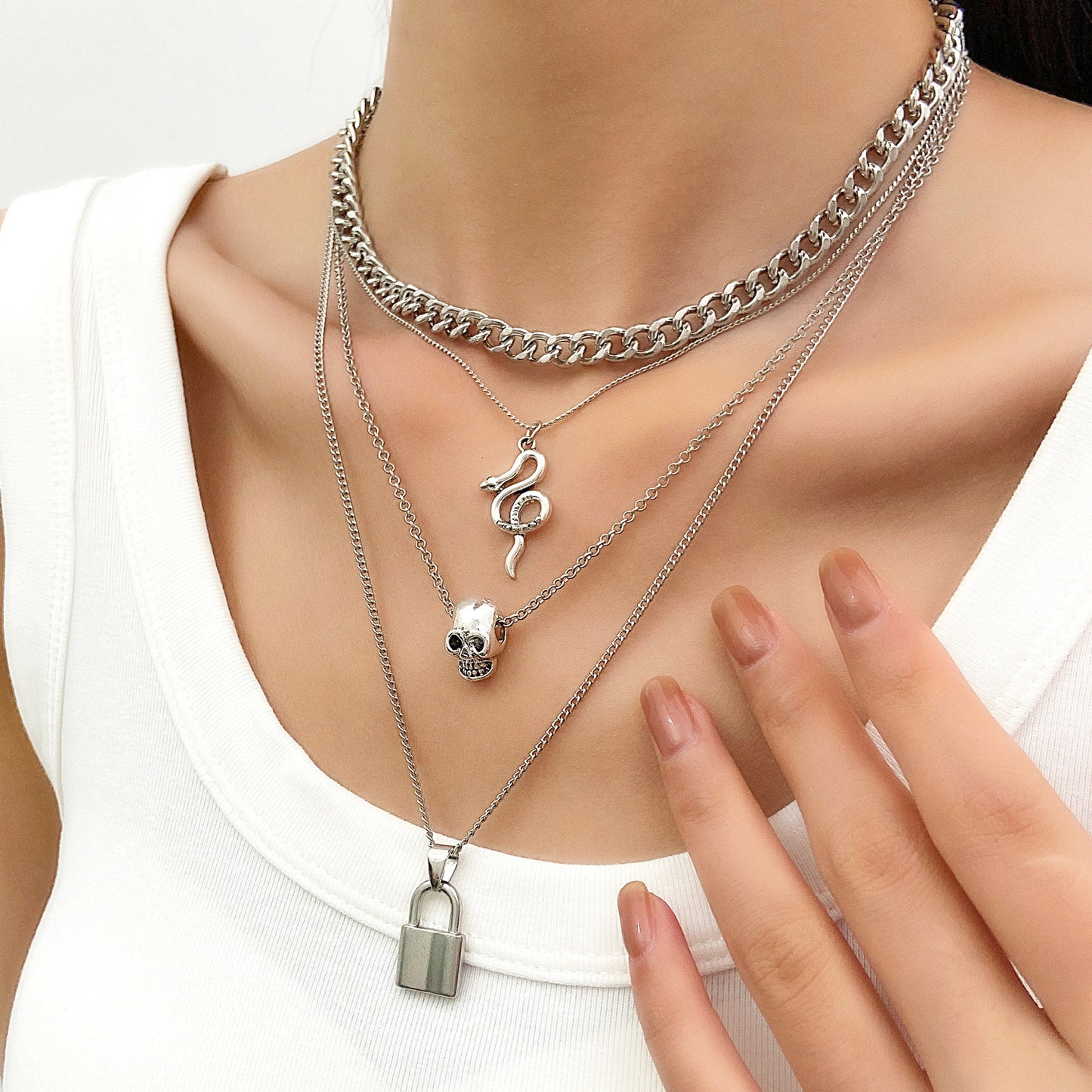 Vintage Creative Skull Pendant Necklace with Multi-Layer Thick Snake Chain in Alloy with Plating Finish for Women