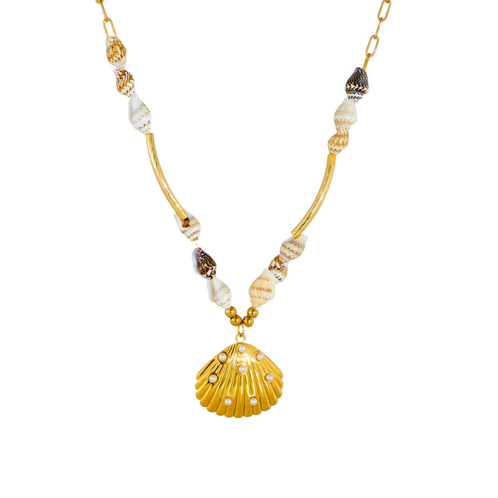 Collana con ciondolo a conchiglia in acciaio inossidabile da donna stile retrò tropicale con finitura placcata e catena a scatola