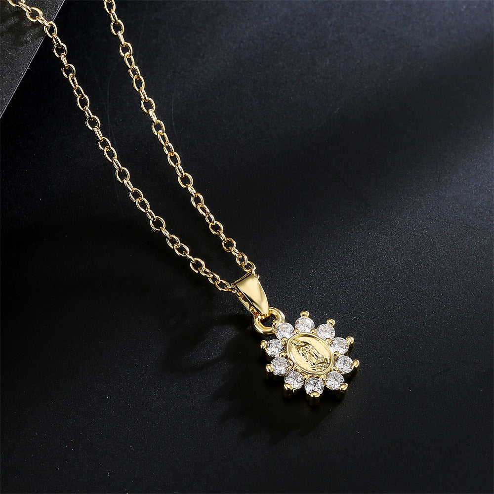 Religious Geometric Brass Micro-Inlaid Cubic Zirconia Virgin Mary Pendant Necklace with Cable Chain