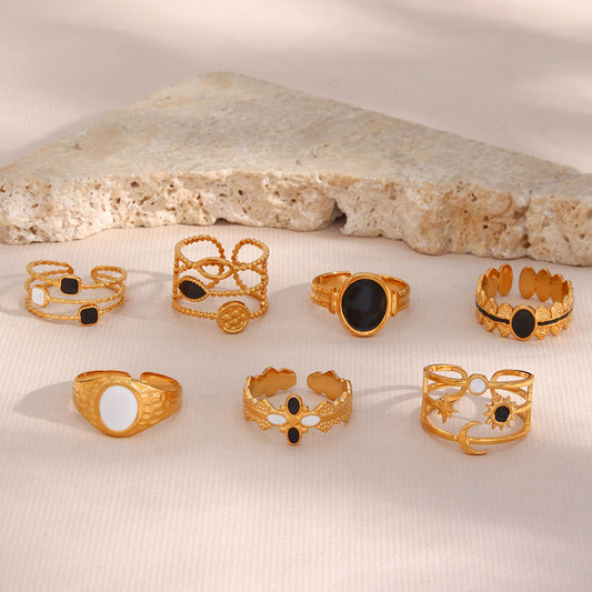 Anello geometrico alla moda in acciaio inossidabile con smalto, design sole, luna e stella in bianco e nero, fascia aperta a tre strati
