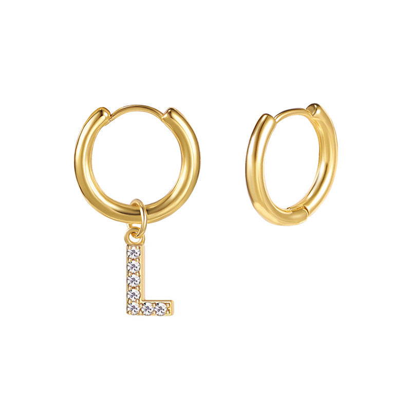 Minimalist Letter-Shaped Stainless Steel Pendant Earrings with 18K Gold Plating and Zircon Inlay