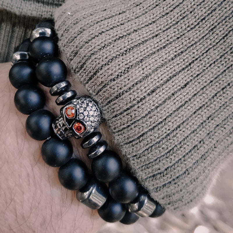 Bracciale Unisex con Perline Turchesi e in Porcellana, Perle in Legno e Ciondolo a Croce Geometrica