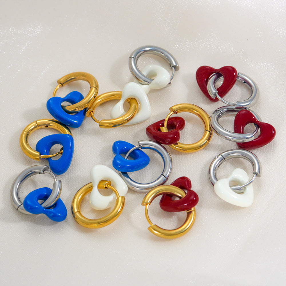 Orecchini a Cuore Minimalisti in Acciaio Inossidabile Stile Francese, con Smalto Dipinto a Mano e Placcatura in Oro 18K da Donna