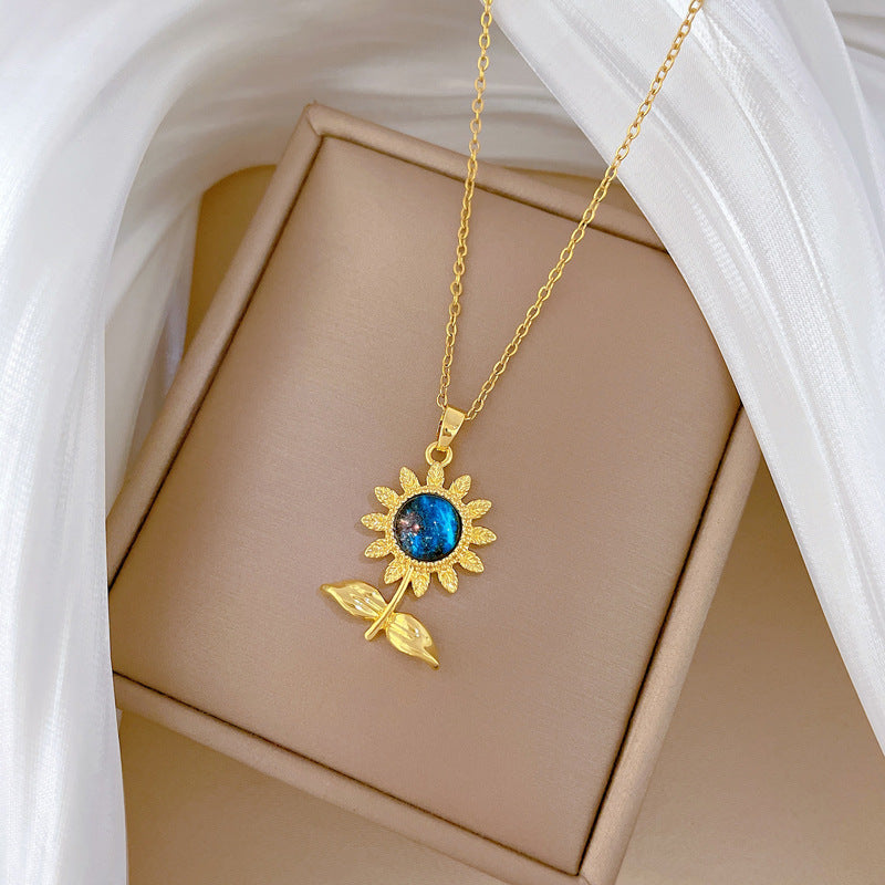 Sweet Minimalist Leaf Flower Moon Rhinestone Titanium Steel Necklace for Unisex
