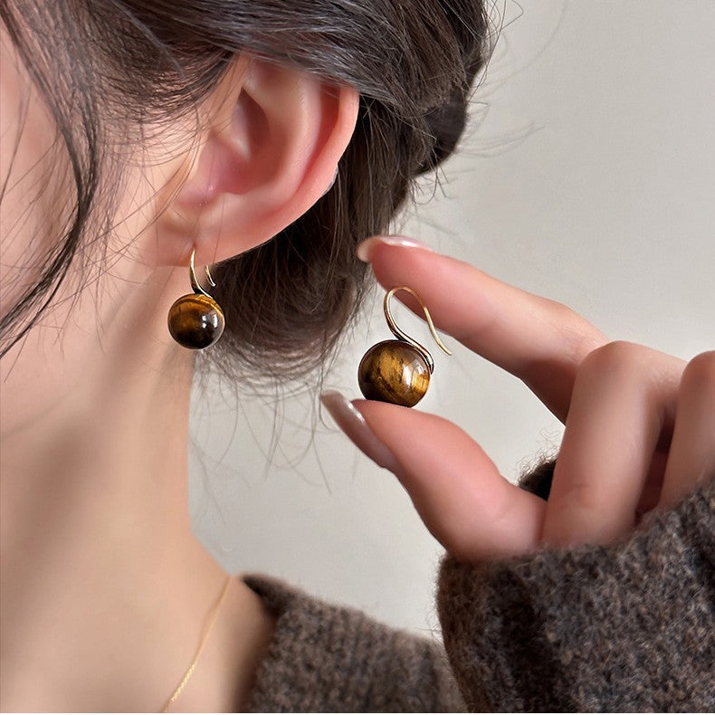 Pendientes de tuerca geométricos de ojo de tigre chapados en bronce mate para mujer, joyería de lujo minimalista artística vintage