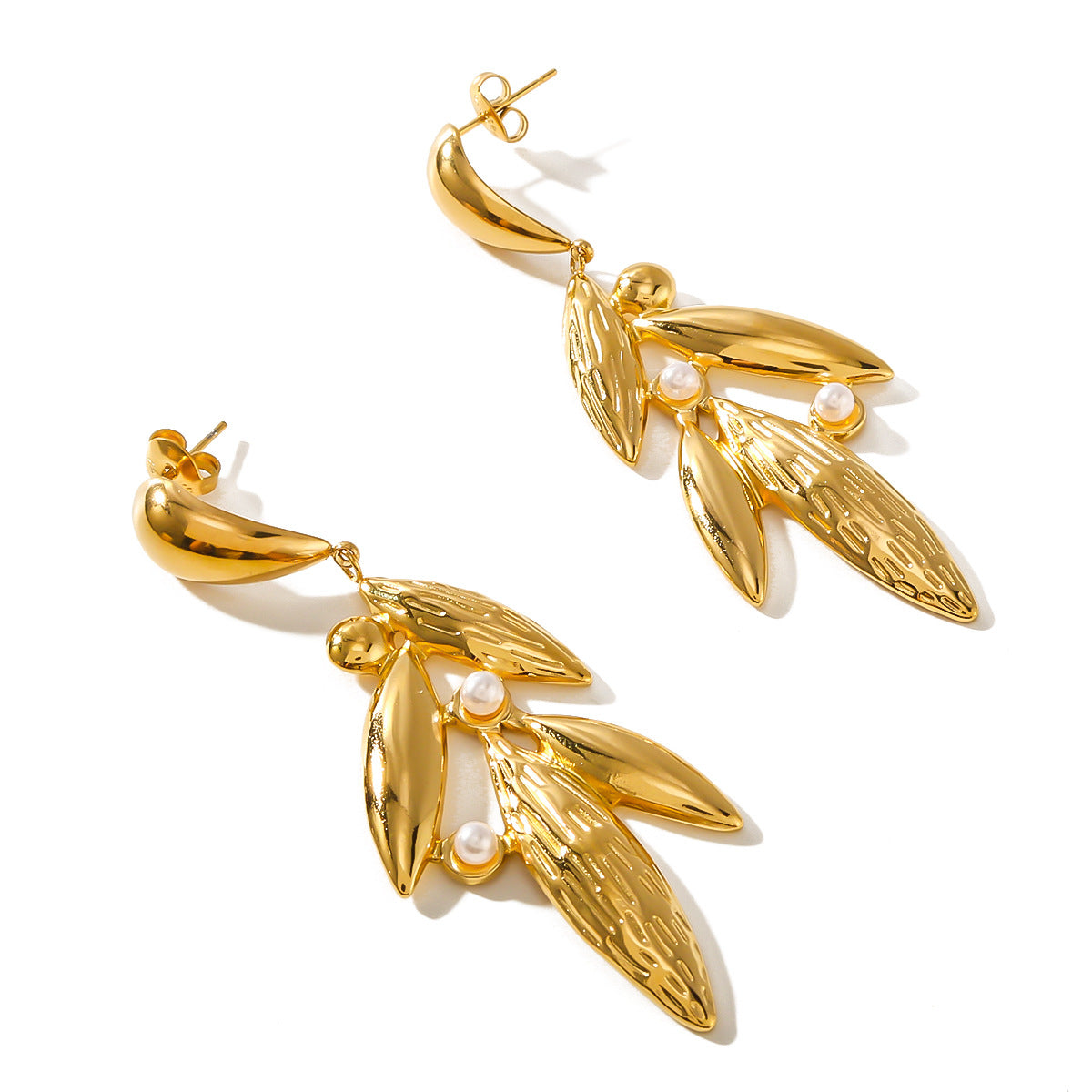Orecchini a Foglia Geometrici in Acciaio Inossidabile con Placcatura in Oro 18K e Intarsio di Perle da Donna