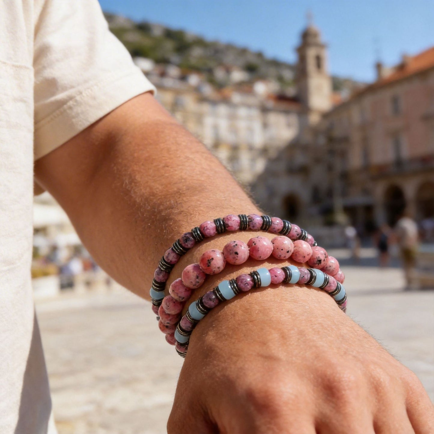 Fashion Round Wood and Hematite Beaded Stretch Bracelet with Zebra Print Pattern for Men and Women