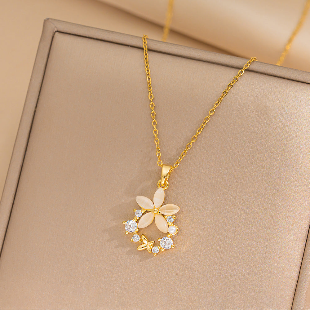 Collar minimalista con colgante floral para mujer de acero de titanio con chapado al vacío, cadena de serpiente, diseño geométrico, cadena delicada para clavícula