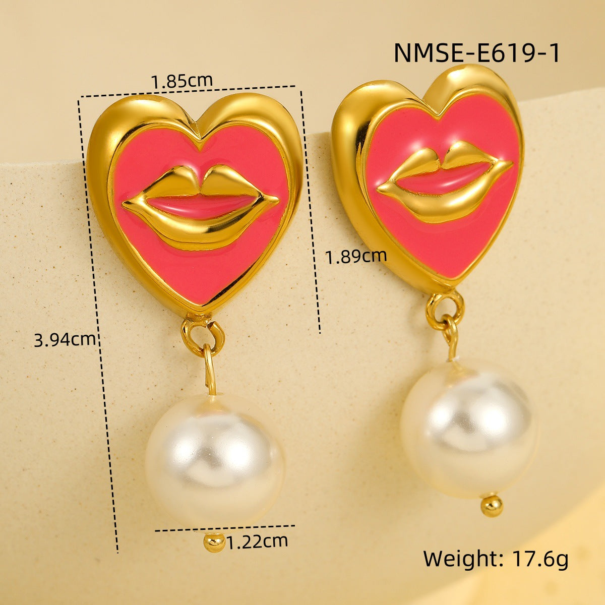 18K Gold Plated Stainless Steel Heart and Lips Pearl Drop Earrings for Women