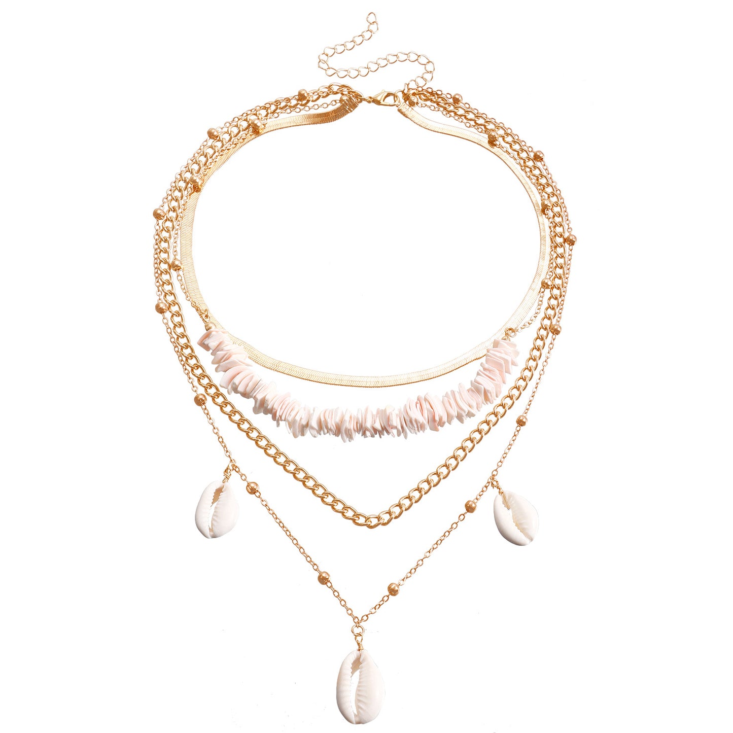 Collar de capas de moda con conchas marinas y colgante geométrico en delicada cadena para mujer