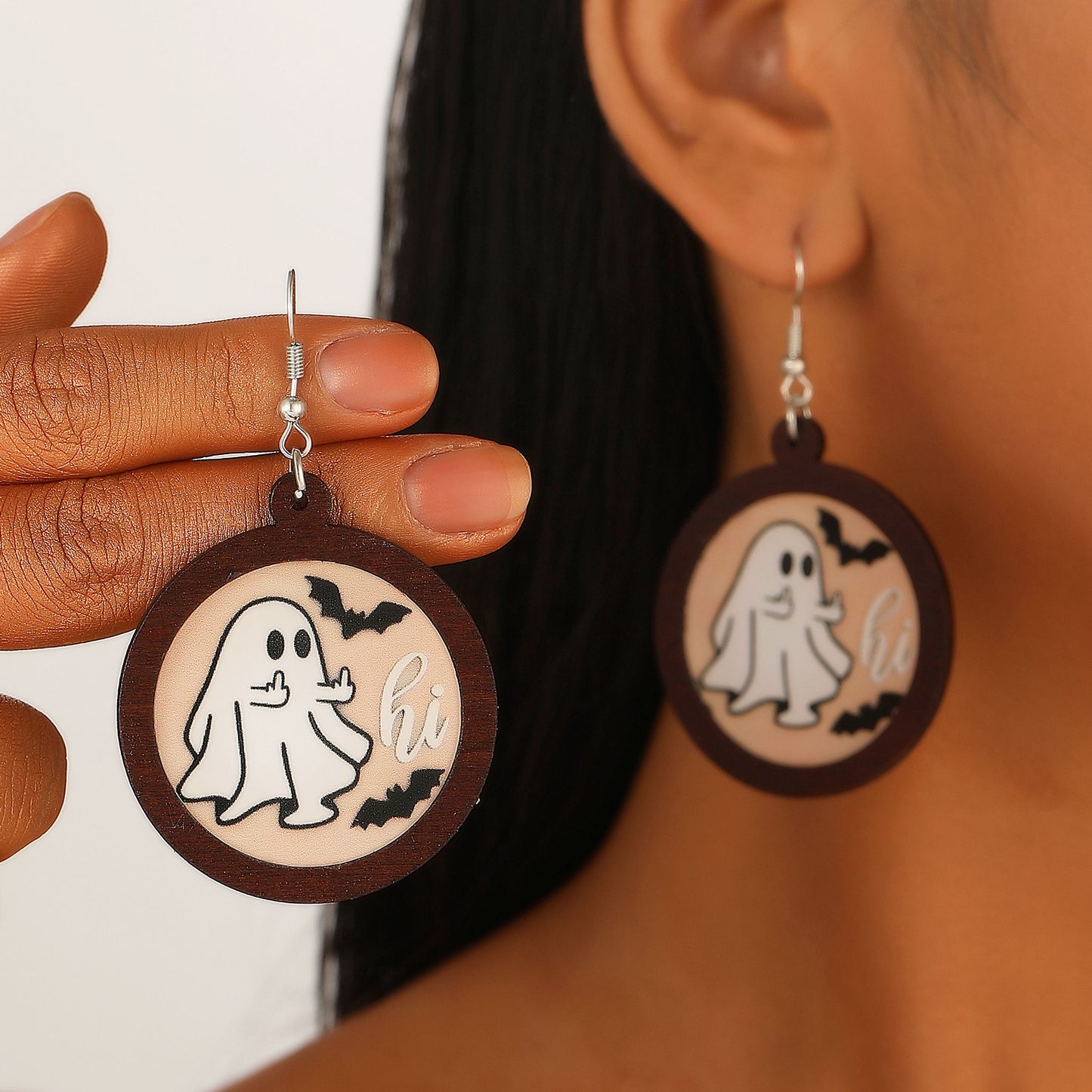 Pendientes geométricos con temática de Halloween, con motivos de calabazas y fantasmas impresos, pendientes de madera de Halloween para mujer
