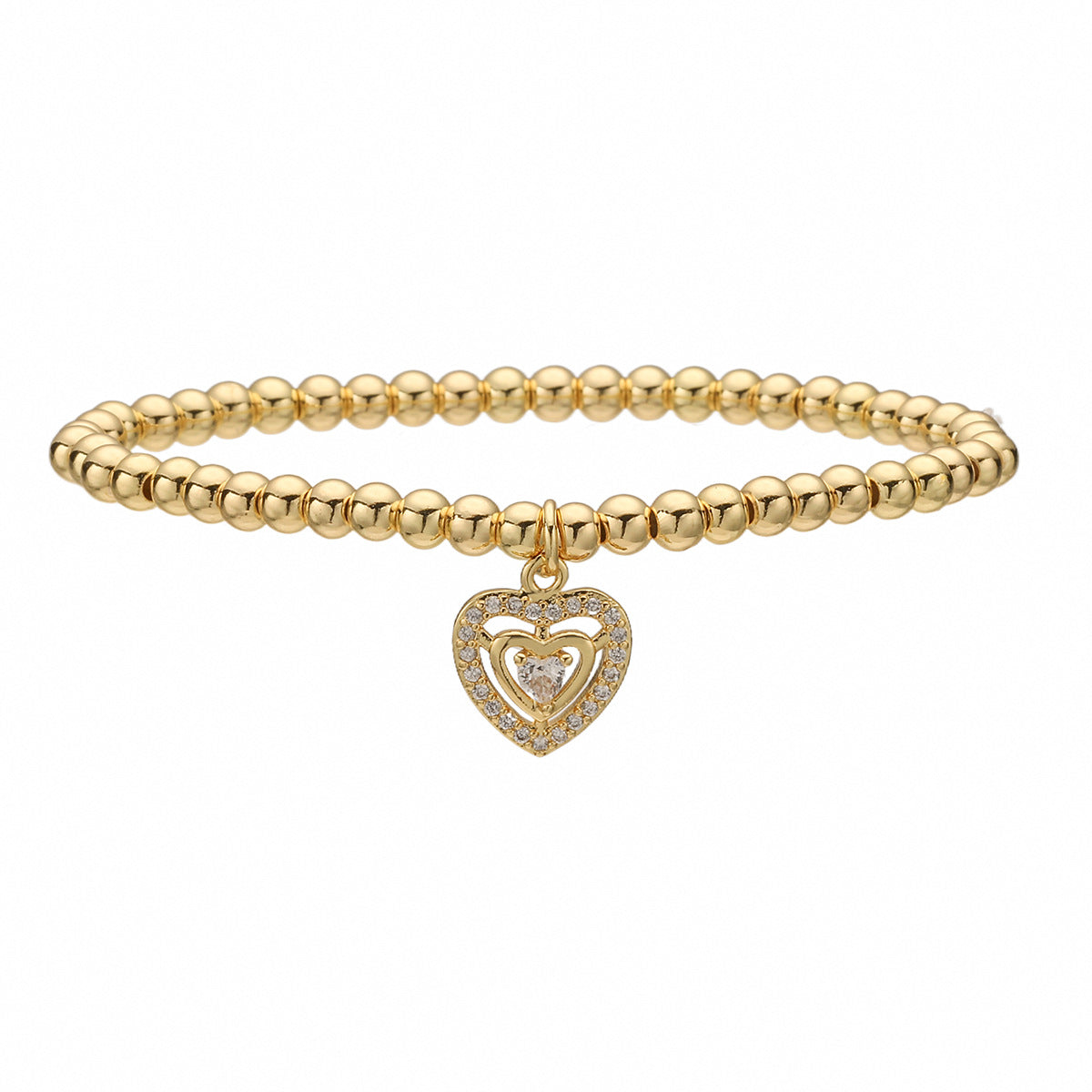 18K Gold Plated Brass Heart Geometric Cubic Zirconia Inlay Ball Chain Bracelet for Women