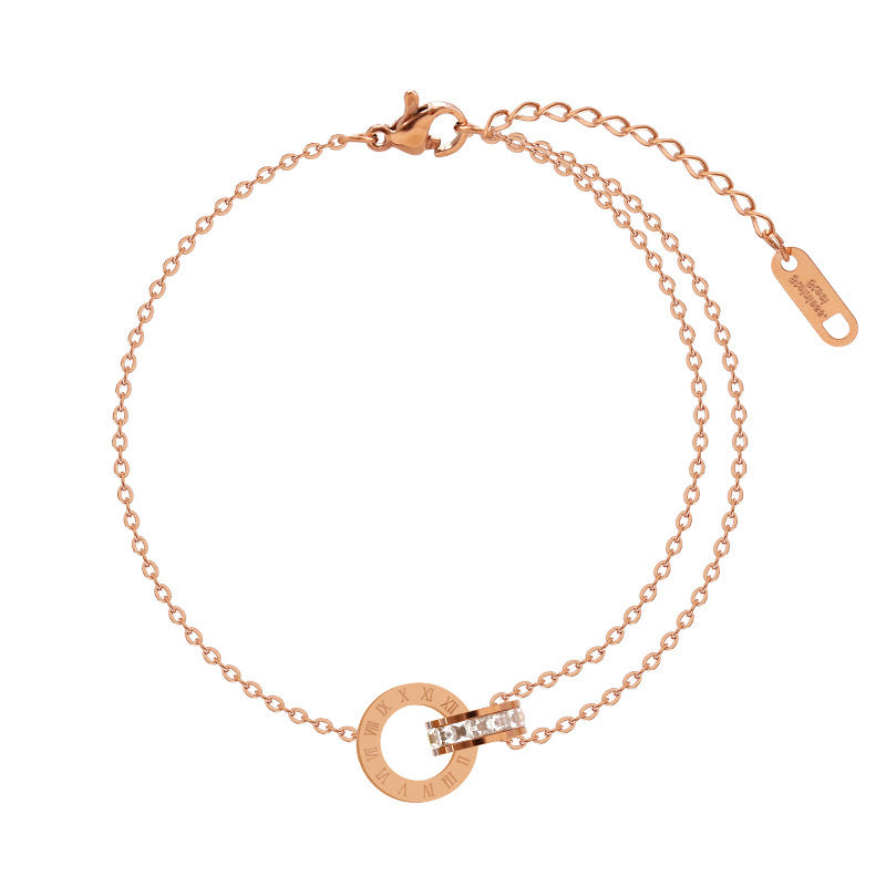 Minimalist Geometric Titanium Steel Bracelet with Rhinestone-Set Roman Numerals and 18K Rose Gold Plating for Women