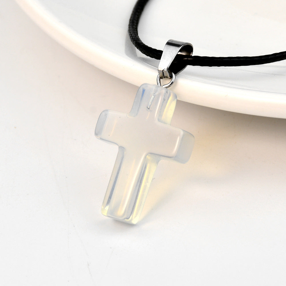 Minimalist Cross Crystal Agate Turquoise Pendant Necklace Unisex
