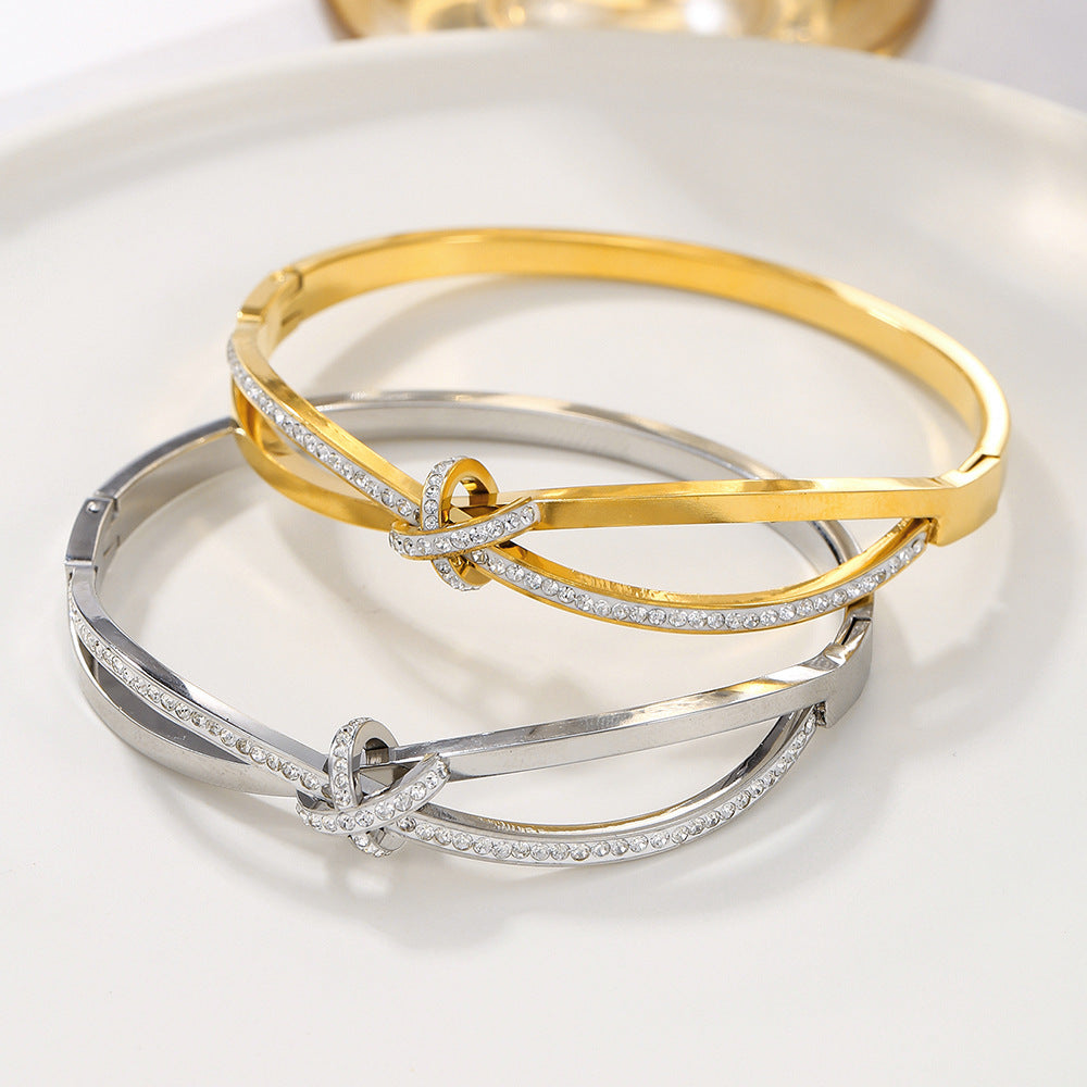 Minimalist Geometric Titanium Steel Paved Cubic Zirconia Bow Bracelet