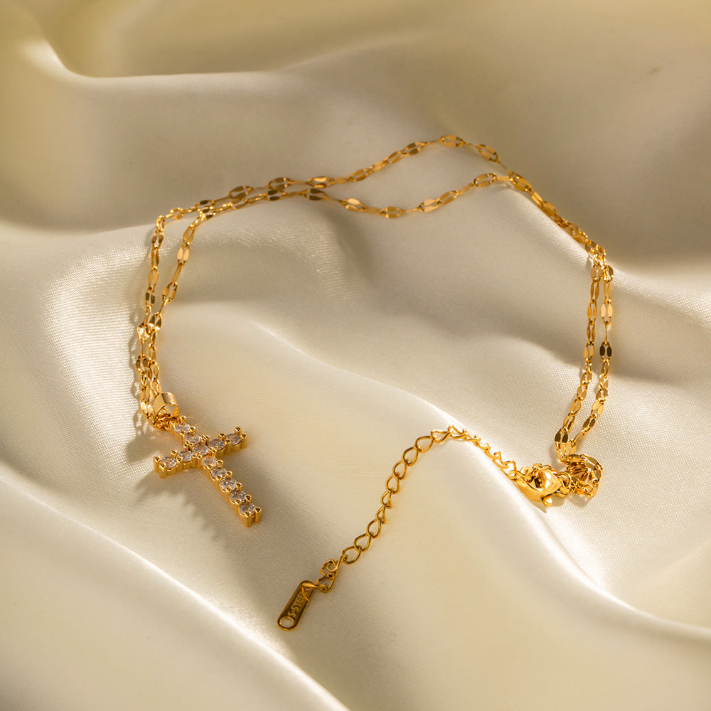 Minimalist 18K Gold Plated Stainless Steel Cross Pendant Necklace with White Zircon for Women