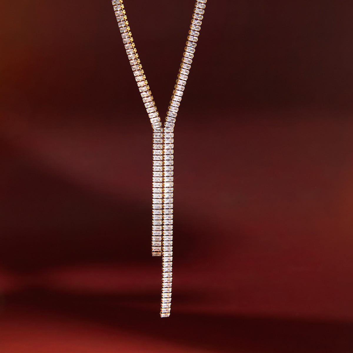 Minimalist Elegant Square Geometric Titanium Steel PVD Cubic Zirconia Tassel Y-Chain Necklace for Women