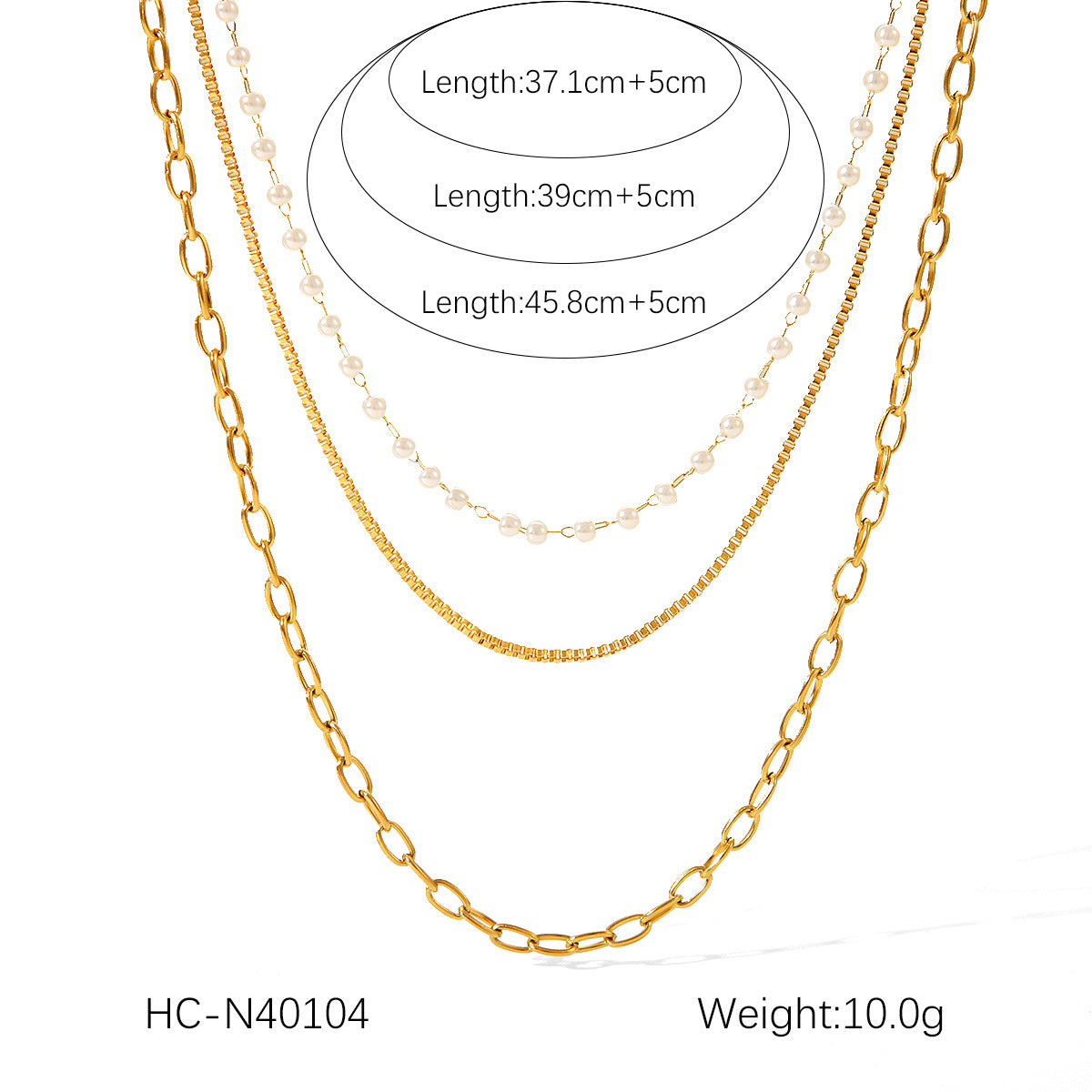 Trendy Geometric 18K Gold Plated Stainless Steel Triple Layer Pearl Necklace for Women