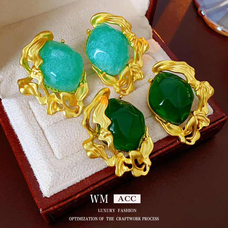 Orecchini da donna verde smeraldo con forme geometriche, placcati in oro e perni in acciaio inossidabile, stile chic vintage