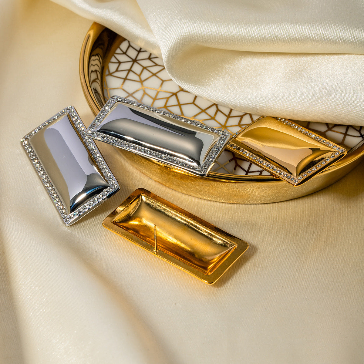 Trendy Geometric Rectangular Hoop Earrings 18K Gold Plated Stainless Steel with Rhinestone Inlay for Women