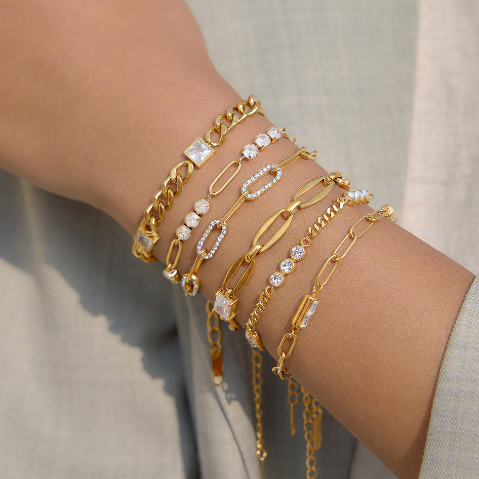 Elegant Minimalist Geometric Round Stainless Steel Plated Cubic Zirconia Bracelet for Women
