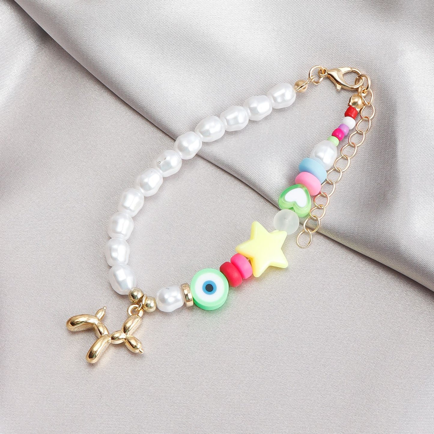 Ins Style Cute Balloon Dog Pendant Beaded Bracelet for Women with Plated Metal and Imitation Pearl Accents