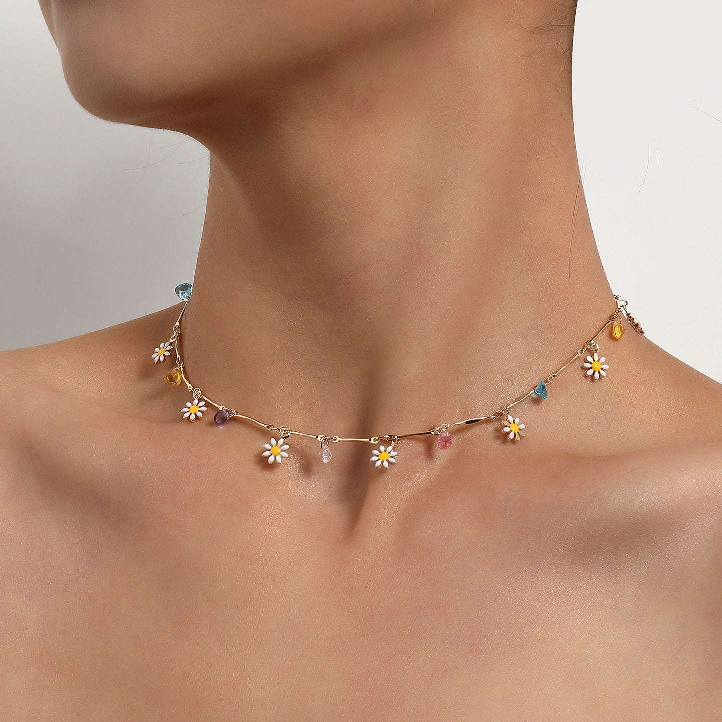 Colorful Gemstone Straight Tube Handmade Chain Necklace for Women, Floral Design Minimalist European Style Jewelry