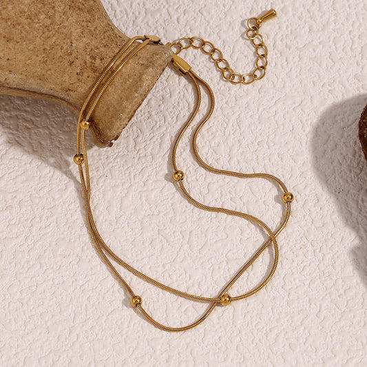 Pulsera de cadena de serpiente de doble capa con cuentas redondas chapada en oro de 18 quilates de acero inoxidable para mujer, estilo minimalista