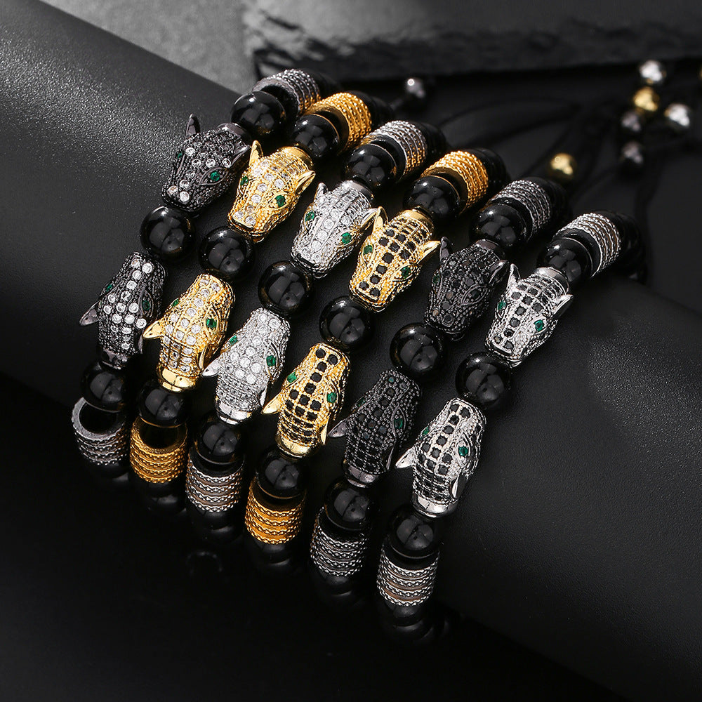 Hip-hop Micro-inlaid Cubic Zirconia Leopard Head Adjustable Stainless Steel Bracelet with Black Agate