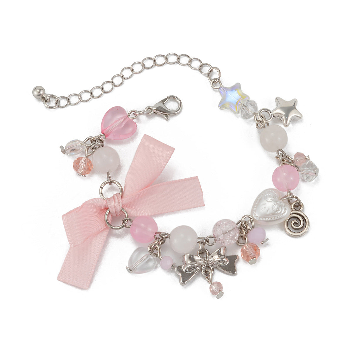 Braccialetto a forma di cuore, dolce e grintoso, in lega con fiocco di strass, nappa e stelle per donna