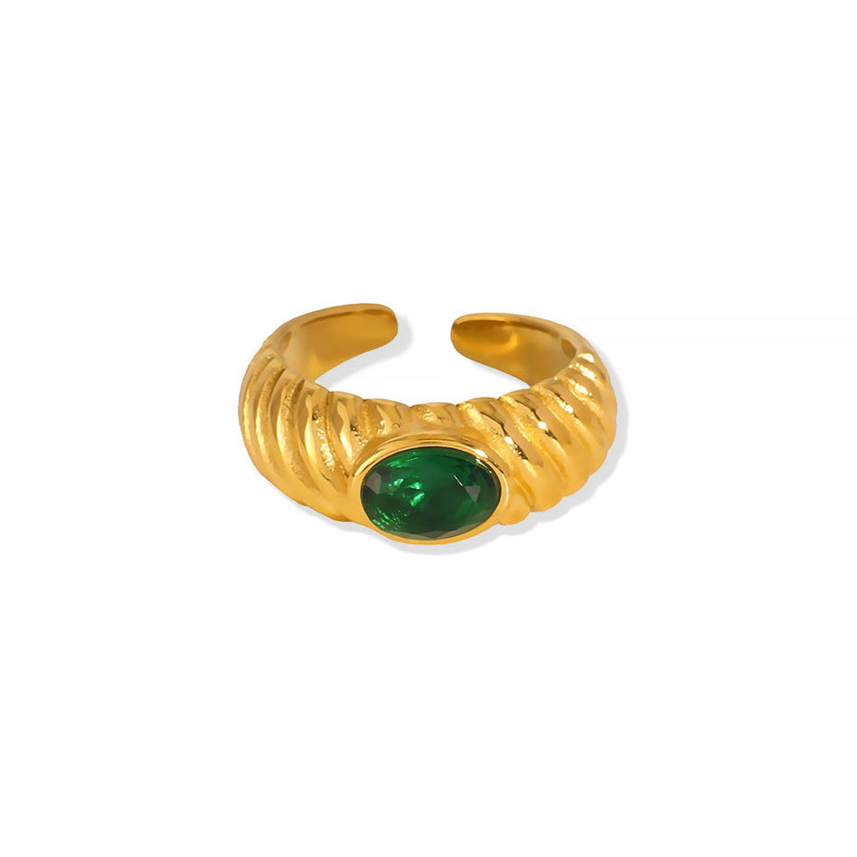 Vintage-Style Geometric Stainless Steel Ring with 18K Gold Plating and Multicolor Zircon Inlay for Women