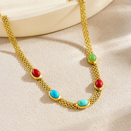 Vintage Bohemian Geometric Gold Plated Stainless Steel Necklace with Colorful Gemstones