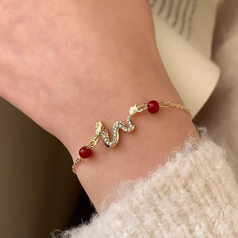 Original Design Leaf-Shaped Plated Brass Alloy Bracelet for Women and Men, Rhinestone-Embellished Zodiac Dragon Year 2024 Birthday Gift