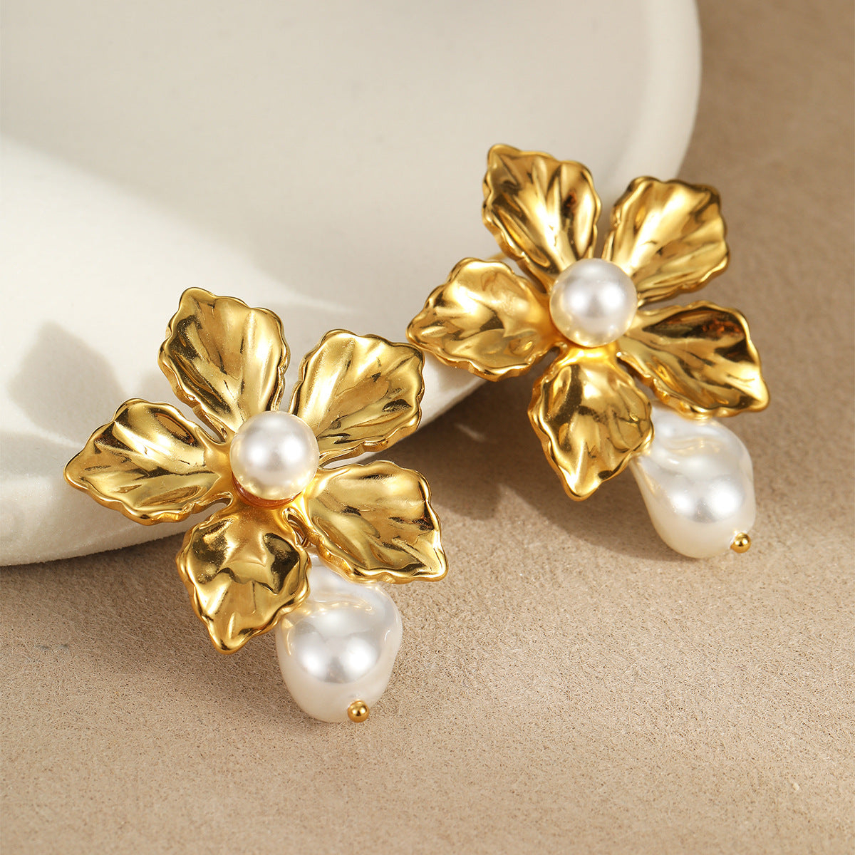 Vintage Baroque Floral Pearl Earrings in Stainless Steel with 18K Gold Plating for Women