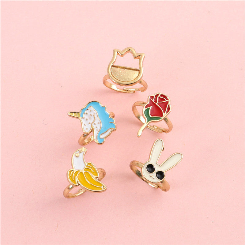 Cartoon Unicorn Rabbit Fruit Shaped Adjustable Alloy Ring Set for Kids with Enamel Finish