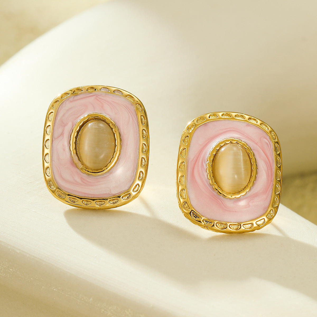Pendientes cuadrados de acero de titanio estilo vintage para mujer con incrustaciones de esmalte y detalles de piedras naturales