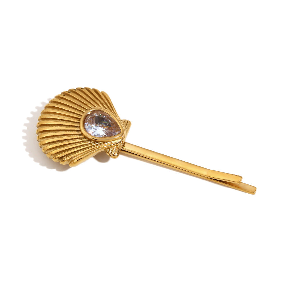 Fermaglio per capelli da donna stile vintage a forma di conchiglia in acciaio inossidabile con placcatura in oro 18K e intarsio di zirconi
