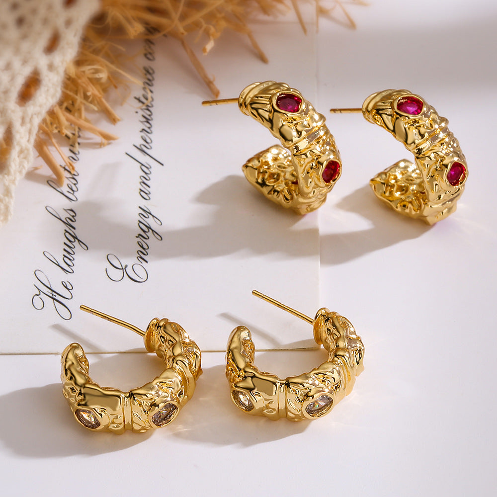 Orecchini geometrici minimalisti in rame con placcatura in oro vero e zirconi micro-incastonati per donna