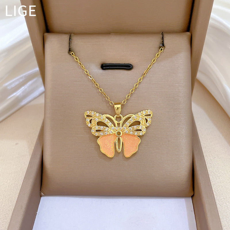 Sweet Butterfly Rhinestone Titanium Steel Necklace for Unisex