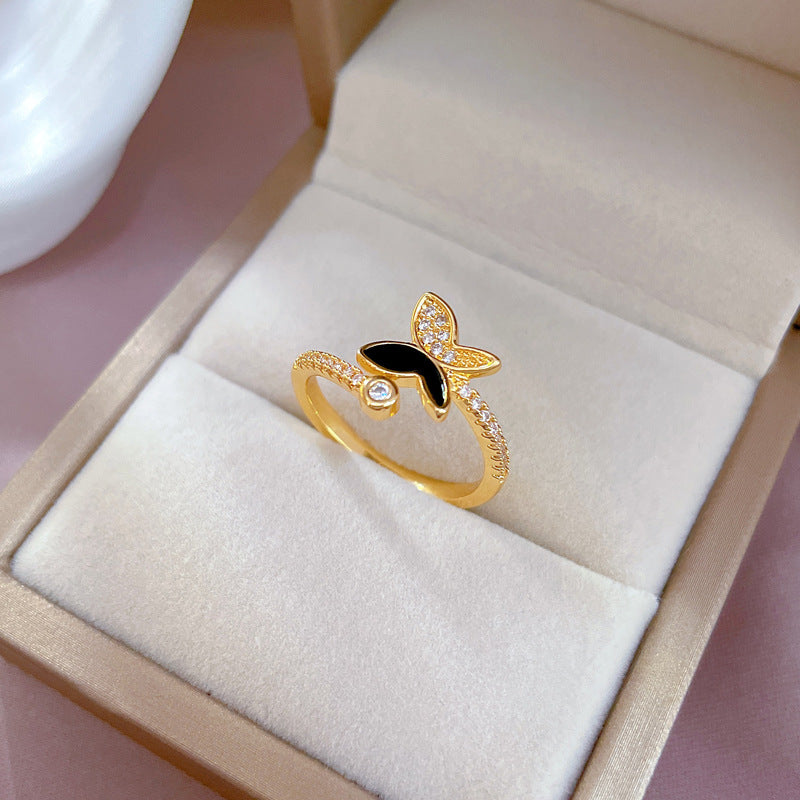 Minimalist Butterfly Ring in Brass with Enamel Finish and Rhinestone Inlay Adjustable for Women