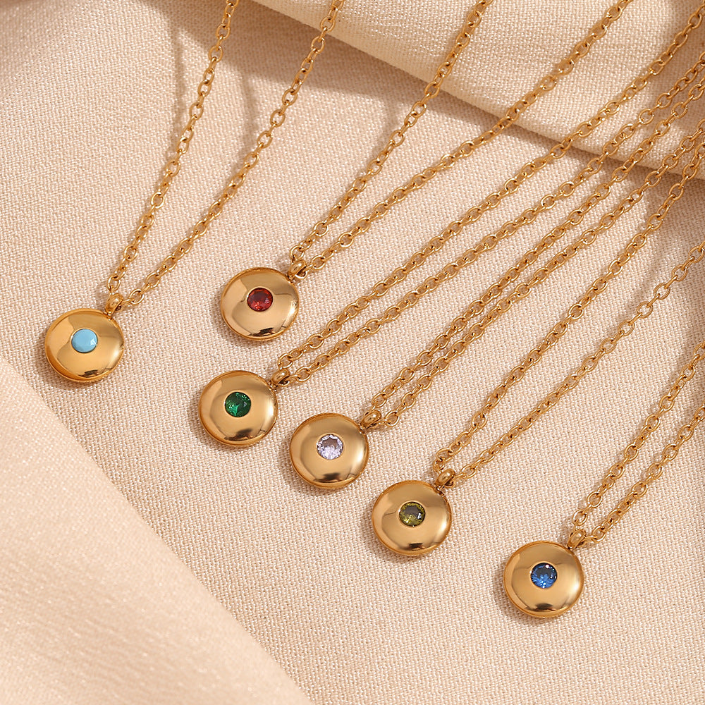 Collana con Pendente Rotondo Geometrico Minimalista da Donna in Acciaio Inossidabile con Placcatura in Oro 18K e Pietra Portafortuna di Dicembre