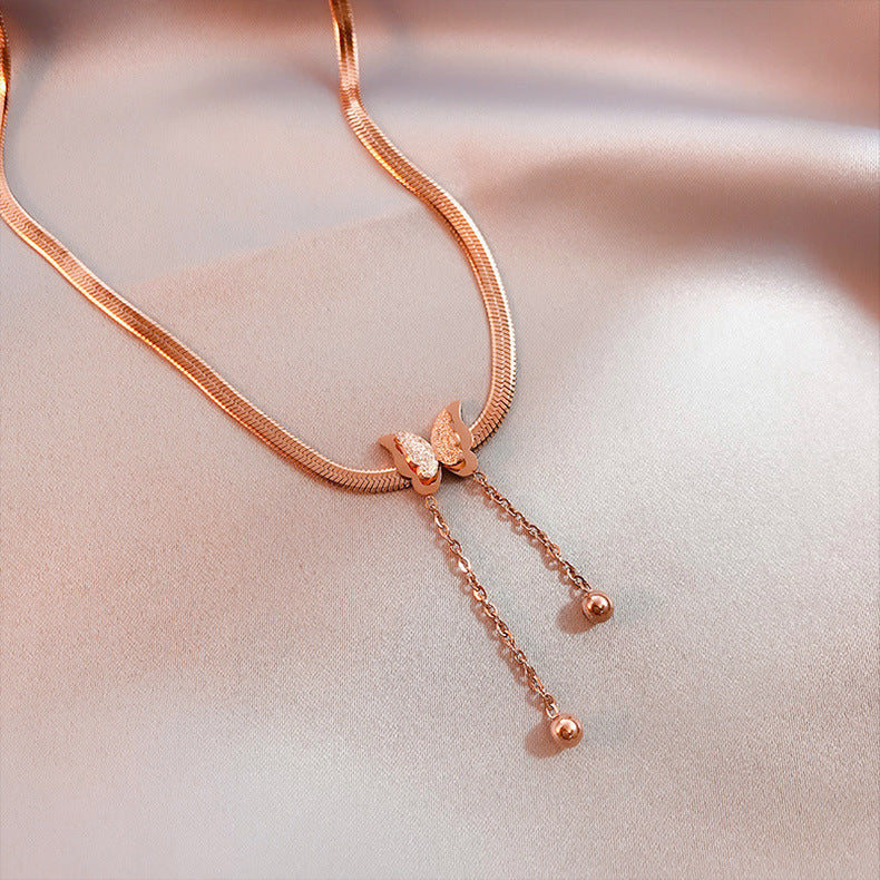 Minimalist 18K Gold Plated Titanium Steel Butterfly Pendant Snake Chain Necklace for Women