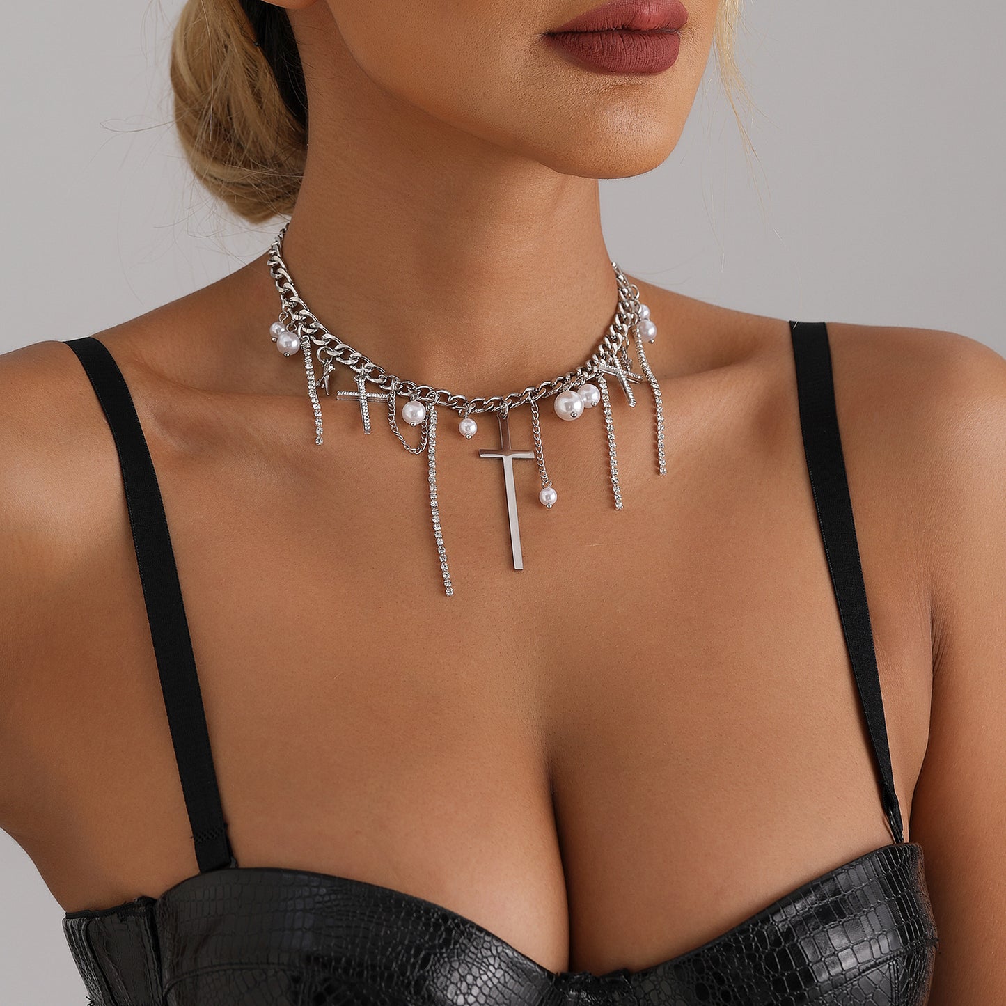Fashionable Tassel Cross Pendant Necklace for Women in Alloy with Plated Finish and Geometric Design