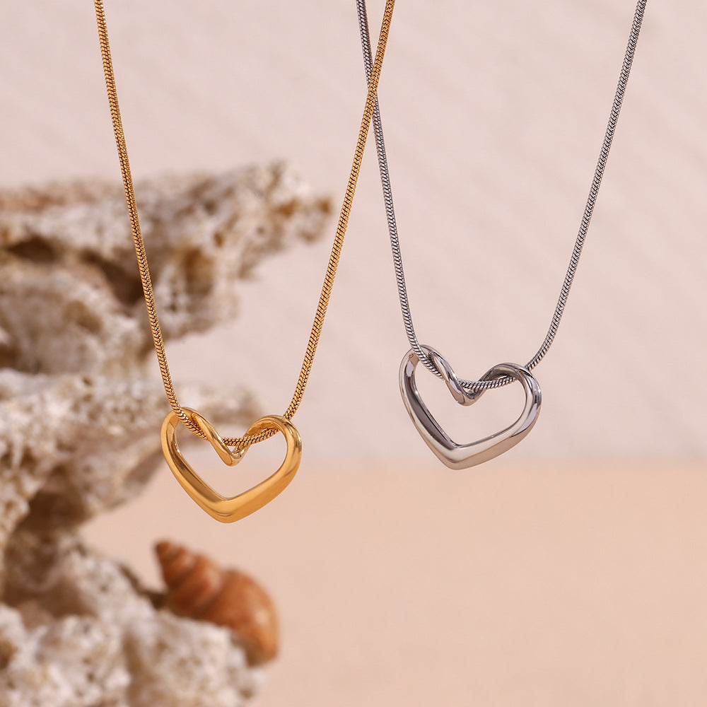 Minimalist Heart-Shaped Titanium Steel Pendant Necklace with 18K Gold Plated Stainless Steel Snake Chain for Women